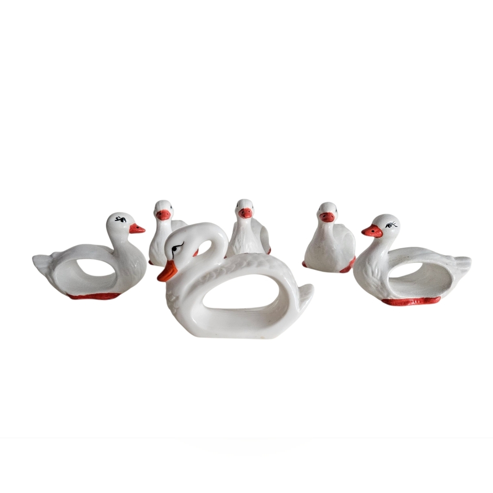 Swan & Ducks White Ceramic Napkin Rings x 6